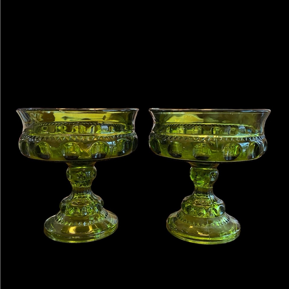 Vintage MCM Indiana Glass Kings Crown Olive Green Pedestal Compote Candy Dishes